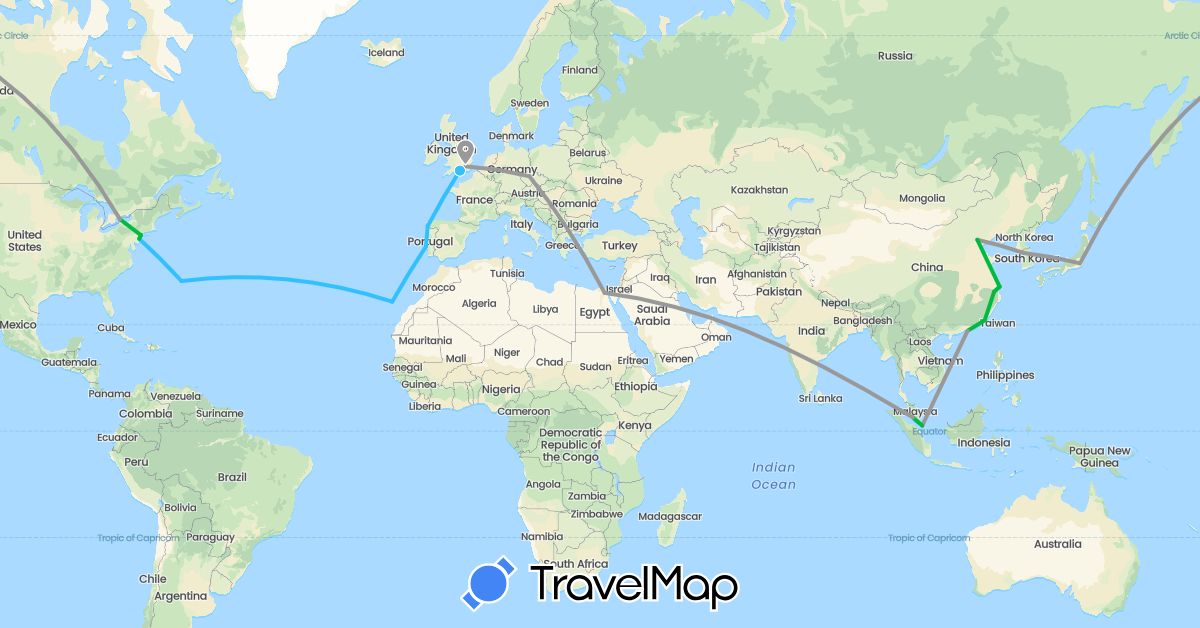 TravelMap itinerary: driving, bus, plane, boat in Bermuda, Canada, China, Czech Republic, Egypt, Spain, United Kingdom, Japan, South Korea, Malaysia, Portugal, Singapore, United States (Africa, Asia, Europe, North America)